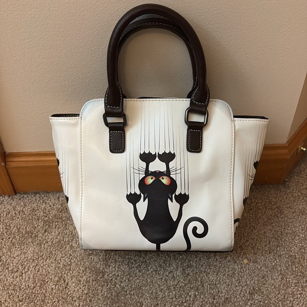 Black & White Cat Studded Handbag Purse w/ Brown Handles - Picture 2 of 10